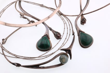 Modernist Jewelry; Six Sterling Silver Necklaces, Some with Gemstones