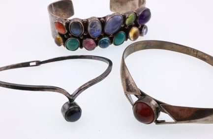 Modernist Jewelry; Three Sterling Silver and Gemstone Bracelets