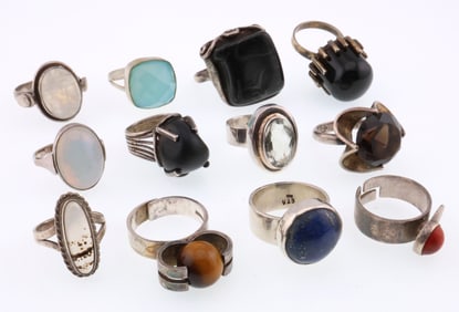 Modernist Jewelry; Twelve Sterling Silver Gemstone and Faux Stone Rings