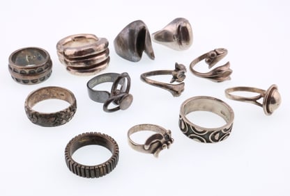 Modernist Jewelry; Twelve Sterling Silver Rings and Bands