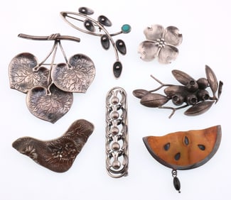 Modernist Jewelry; Seven Sterling Silver Pins and Brooches