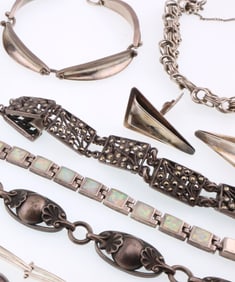 Modernist Jewelry; Large Group of Sterling Silver Bracelets, Rings, Etc.