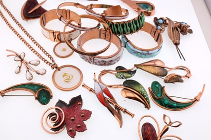 Matisse Renoir; Large Group of Modernist Enamel Copper Jewelry