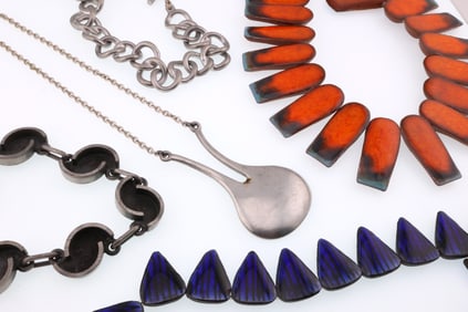 Modernist Jewelry; Group of Ceramic and Base Metal Necklaces and Bracelets