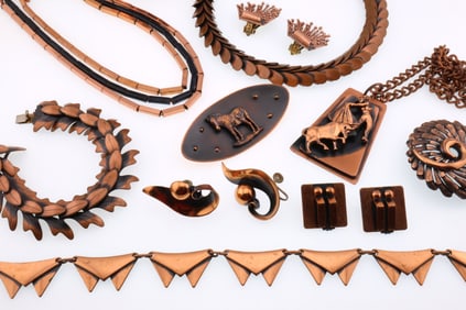 Modernist Jewelry; Group of Copper Bracelets, Earrings, Etc.