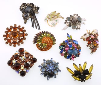 Costume / Fashion Jewelry; Ten Brooches with Multi-Colored Faux Stones