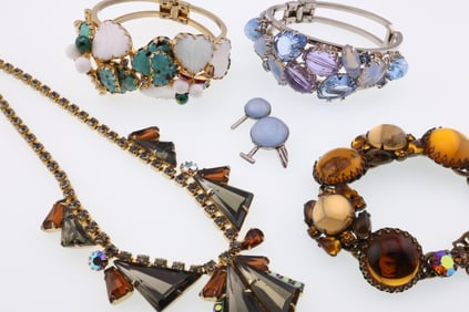 Costume / Fashion Jewelry; A Pin, Necklace, And Three Bracelets