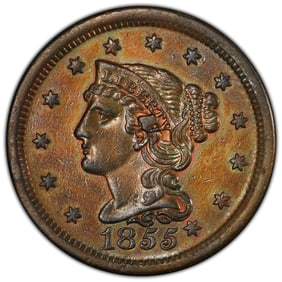 1855 1C Braided Hair Large Cent PCGS Surfaces Smoothed-AU Detail