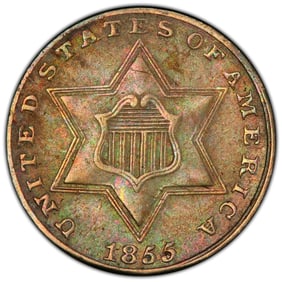 1855 3CS Silver Three-Cent Piece PCGS Cleaned-XF Detail