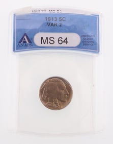 1913 5C Buffalo Nickel Var. 2. ANACS MS64