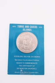 1974 Turks and Caicos Sterling Silver 20 Crown