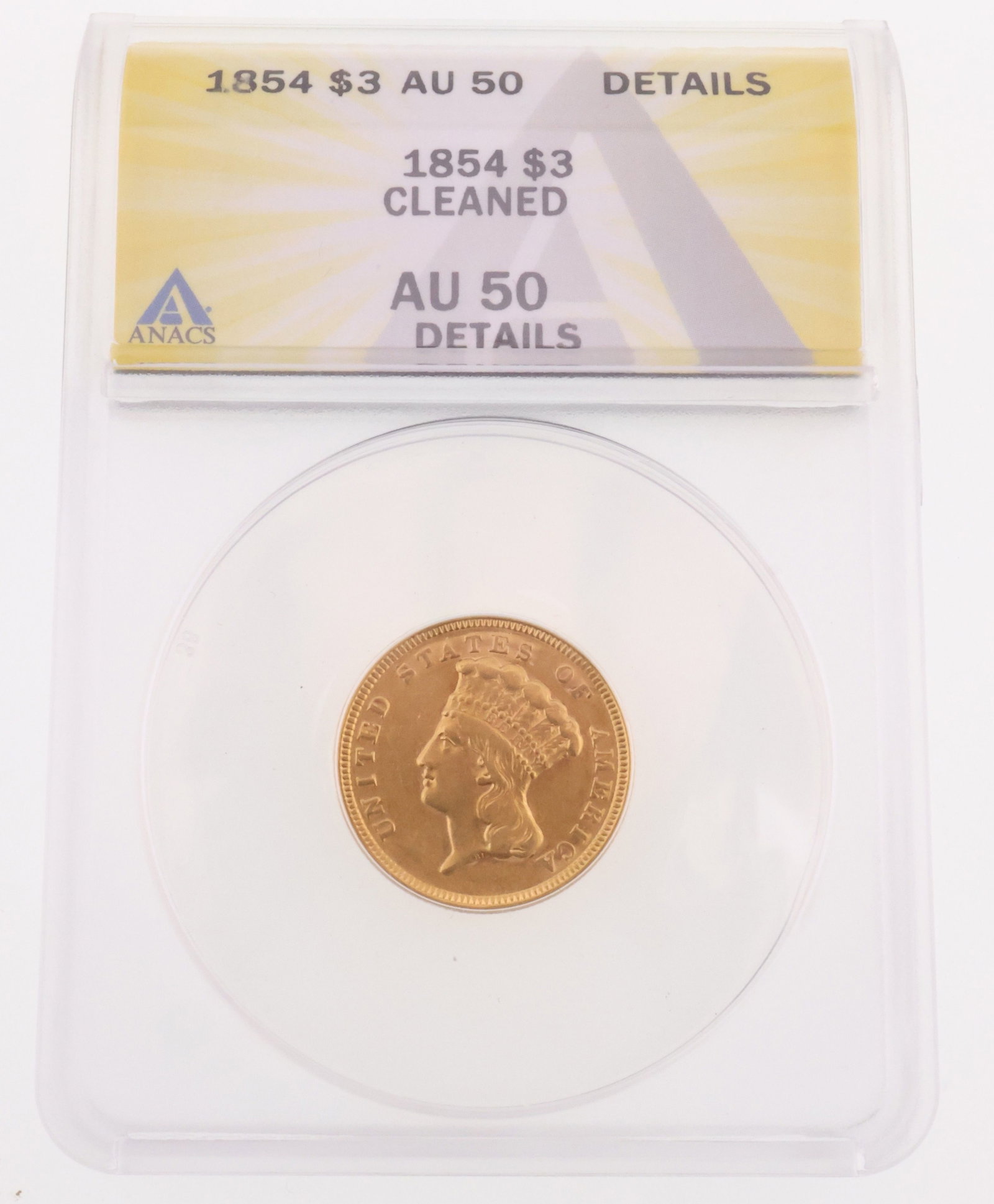 1854 $3 Indian Princess Head Gold ANACS AU50 (1 of 2)