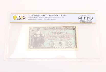Schwan 831/1 5C Series 481 Military Payment Certificate PCGS Choice UNC64PPQ