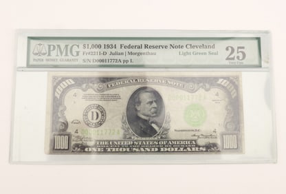 Fr. 2211-D 1934 $1,000 Federal Reserve Note. PMG VF25
