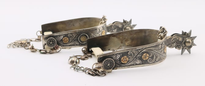 Argentinian Engraved Silver and Gold Presentation Spurs, 16.4 Troy Ounces