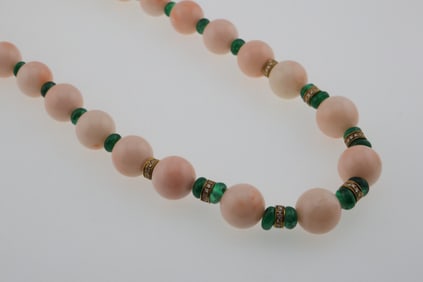 14k Gold Angel Skin Coral, Diamonds & Natural Emerald Bead Necklace