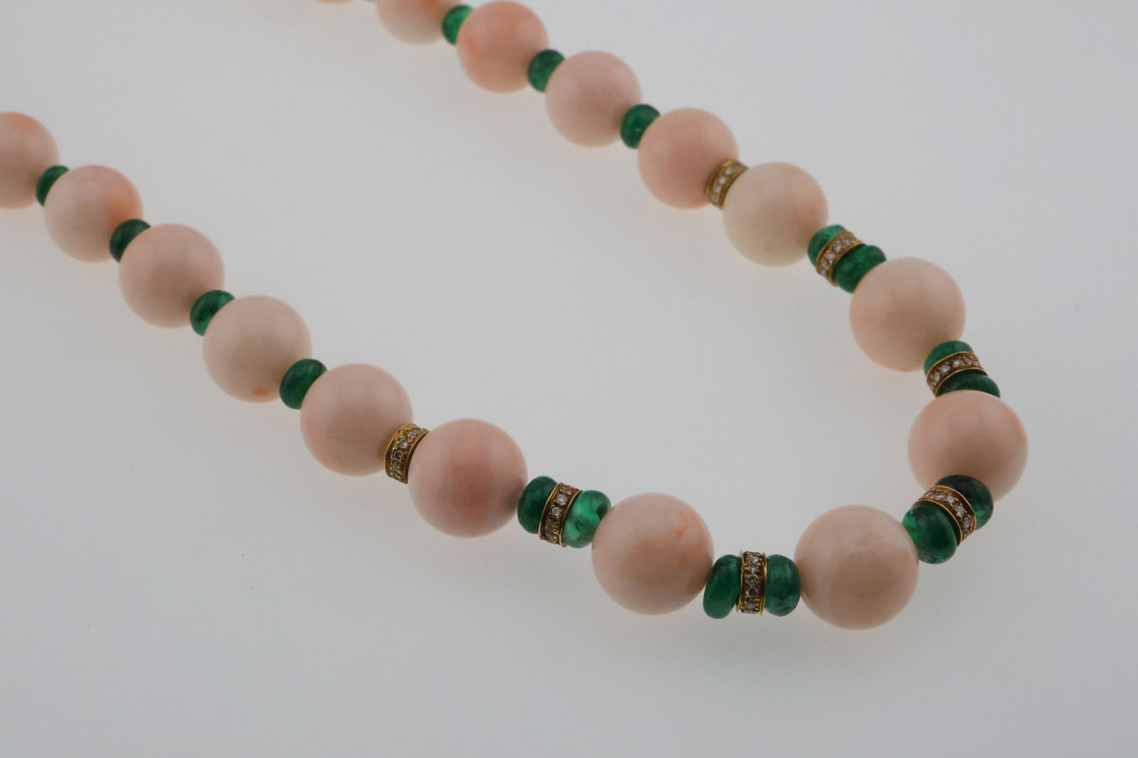 14k Gold Angel Skin Coral, Diamonds & Natural Emerald Bead Necklace (1 of 3)