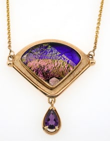 14k Gold Karen Messenger Ooak Artisan Made Art Glass & Amethyst Necklace 21.4g