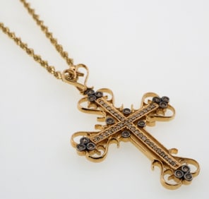 14k Gold Ornate 0.75 ct Diamond Cross Necklace 16.7g