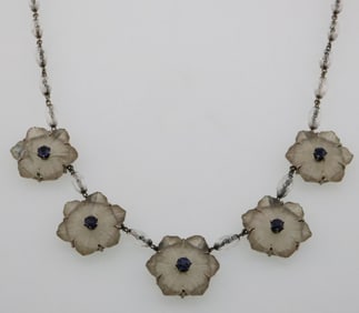 14k Gold Vintage Camphor Glass & Lab Sapphire Flower Necklace 29.4g. Total Weight