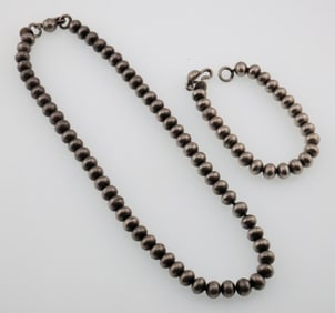 Sterling Silver Margaret Lee Navajo Ball Necklace & Bracelet 1.5 ozt