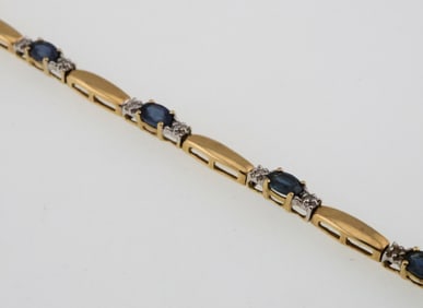 14k Gold Natural Sapphire & Diamond Link Bracelet 7.1g