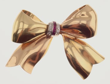 Tiffany & Co 14k Yellow Gold Natural Ruby and Diamond Bow Brooch - 33.2g