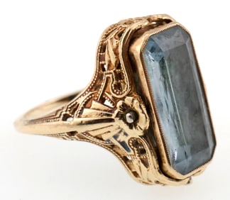 14k Gold Vintage Filigree Blue Topaz & Onyx with Diamond Flip Ring 4.7g