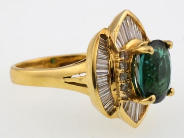 18k Gold Lambros Green Natural Tourmaline & 1.0 ct Diamond Ring 11.6g