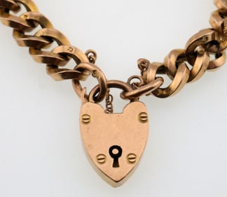 9k Gold Vintage Heart & Padlock Bracelet 15.5g