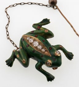10k Gold Vintage Enamel Diamond Frog Pin 5.1g