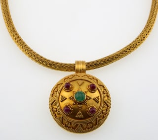 18k Gold Ilias Lalaounis Cabochon Natural Emerald & Natural Ruby Choker Necklace 51.7g