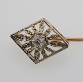 14k Gold Vintage Filigree 0.15 ct Diamond Stick Pin 1.6g