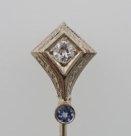 14k Gold Vintage 0.15 ct Diamond & Natural Sapphire Stick Pin 1.7g