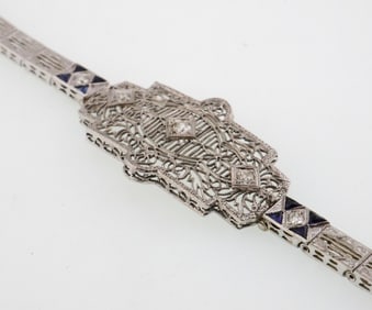 18k Gold Diamond & Lab Sapphire Filigree Bracelet with 14k Gold Safety Chain 11.3