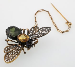 10k Gold & Silver Vintage Multi Colored Gemstone Butterfly Pin 5.6g Total Weight