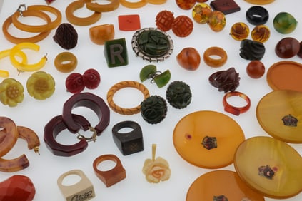 Vintage Lot of Bakelite/Catalin, & Plastic Earrings, Rings, Buttons & More