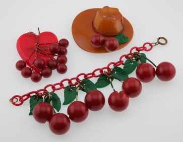 (2) Vintage Bakelite/Catalin Fruit Pins + Fruit Bracelet