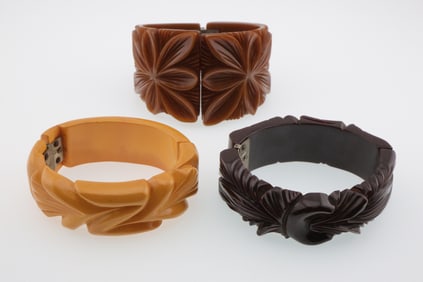 (3) Vintage Carved Bakelite/Catalin Hinged Bracelets