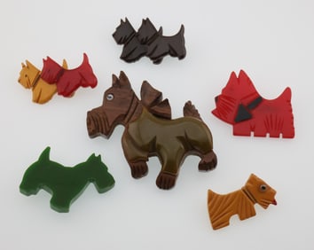 (5) Vintage Bakelite/Catalin Scottie Dog Pins + (1) Bakelite/Catalin & Wooden
