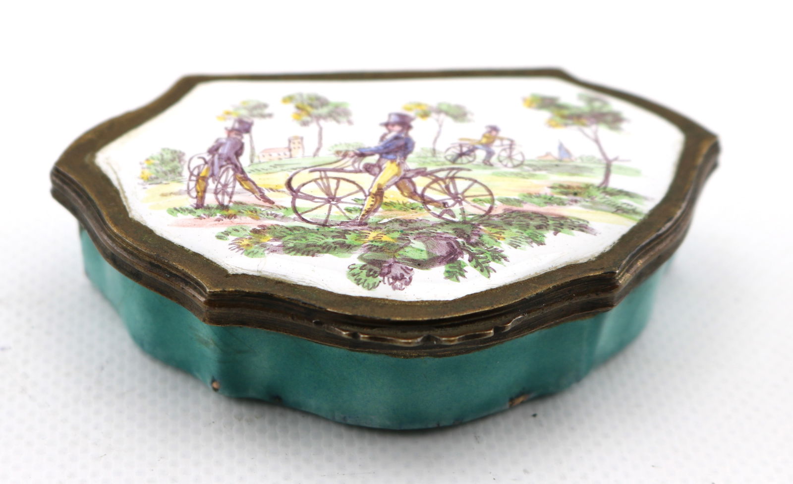 18th/19thC French Enamel Patch Box with Draisienne [Early Bicycle] Scene (1 of 6)