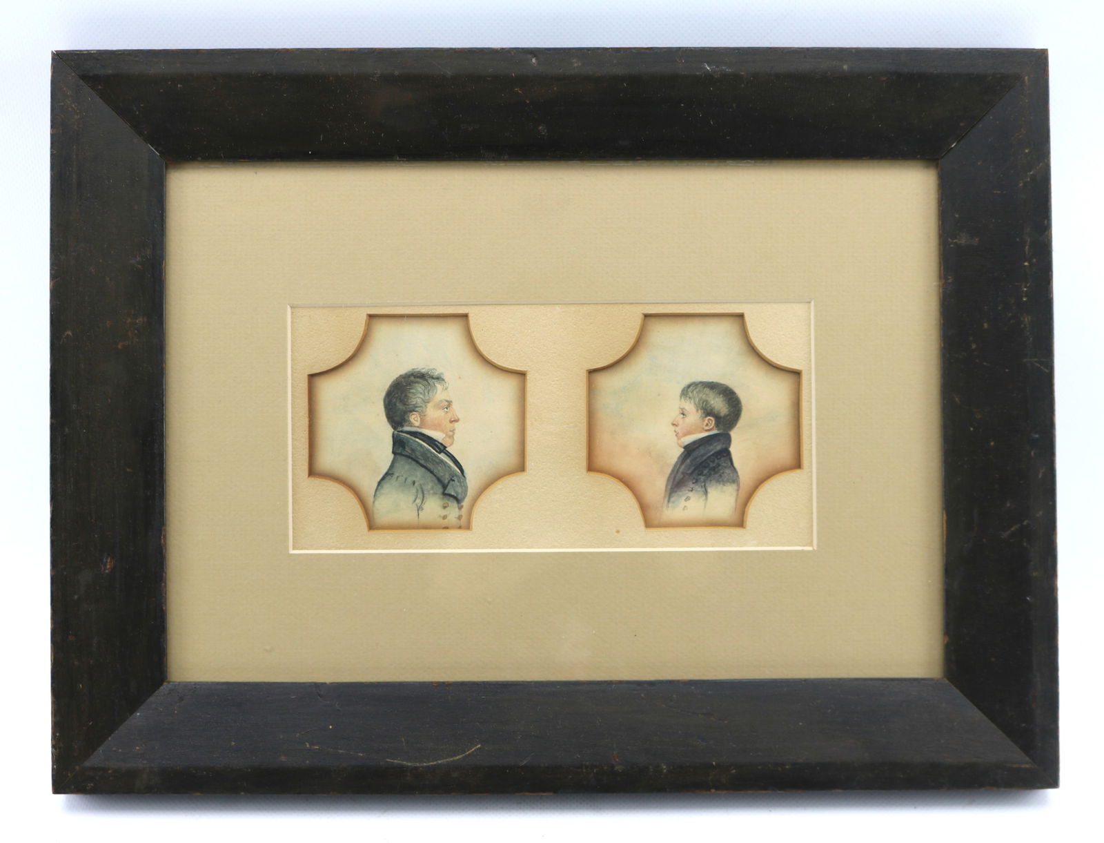 Pair American School Watercolor Silhouette Miniature Portraits of Father and Son (1 of 3)