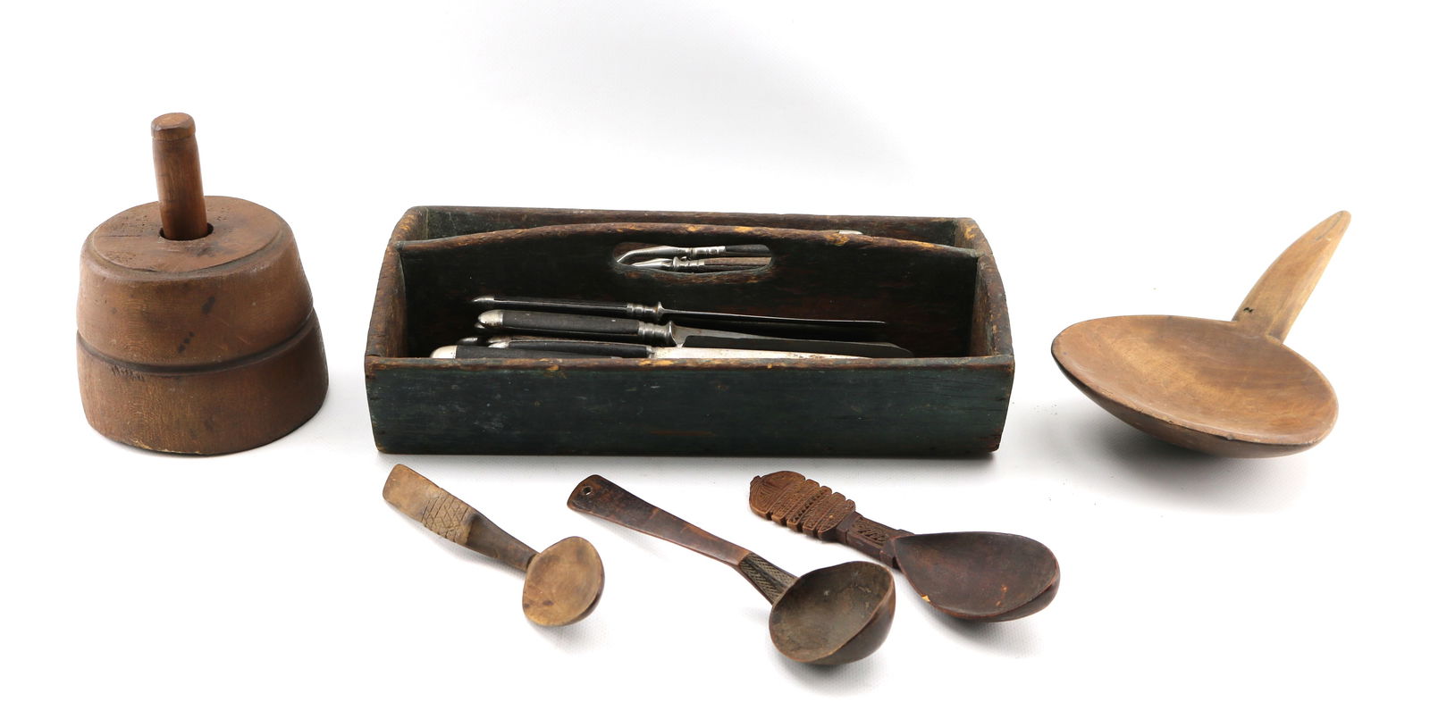 A Group of Country Woodenware Including Painted Knife Tote, Flatware, Treen, Etc.: Knife tote width 11 3/4 inches. Original paint.