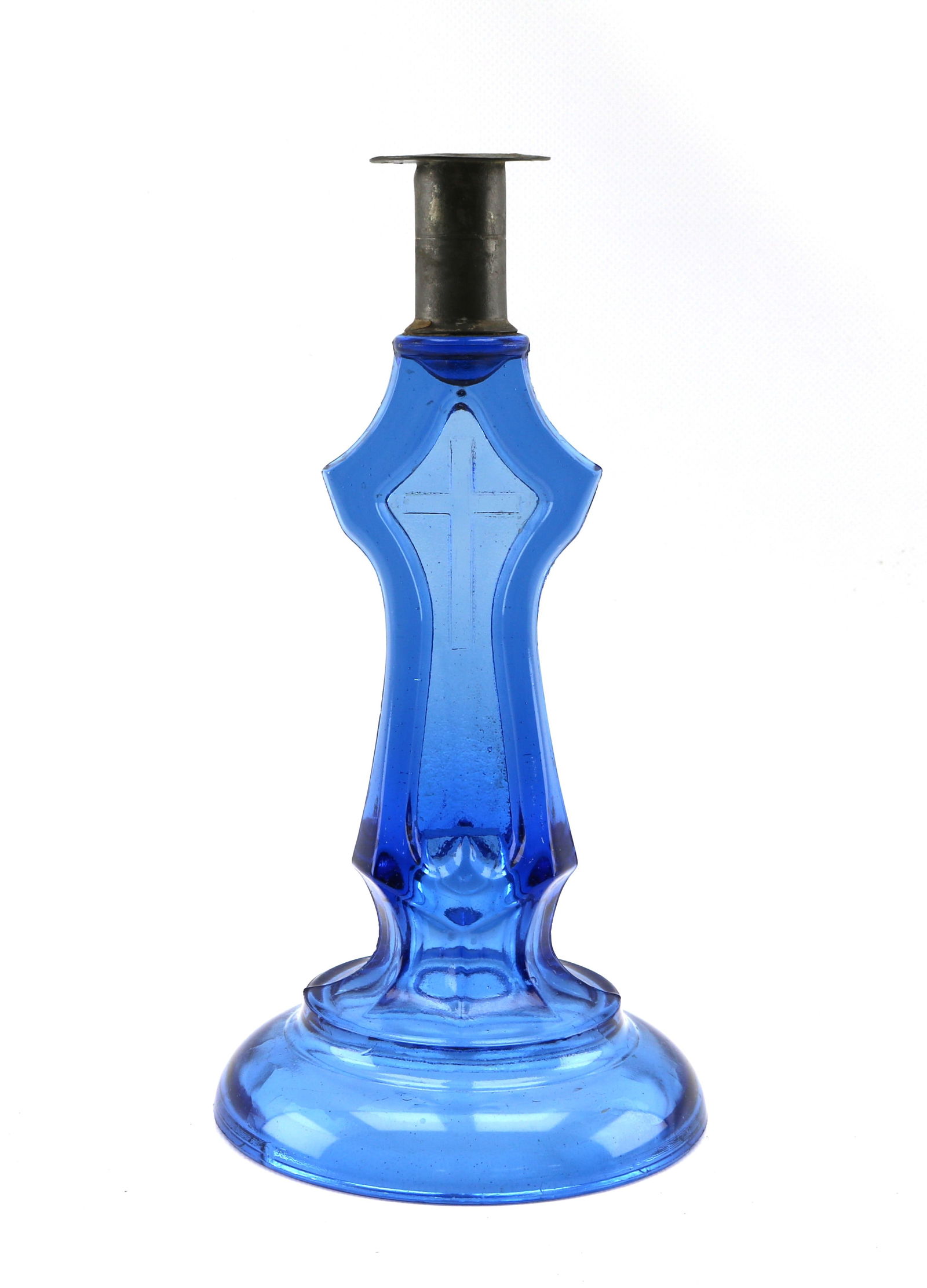 Ripley and Co. Pittsburgh Pressed Blue Glass Candlestick with Pewter Socket (1 of 6)