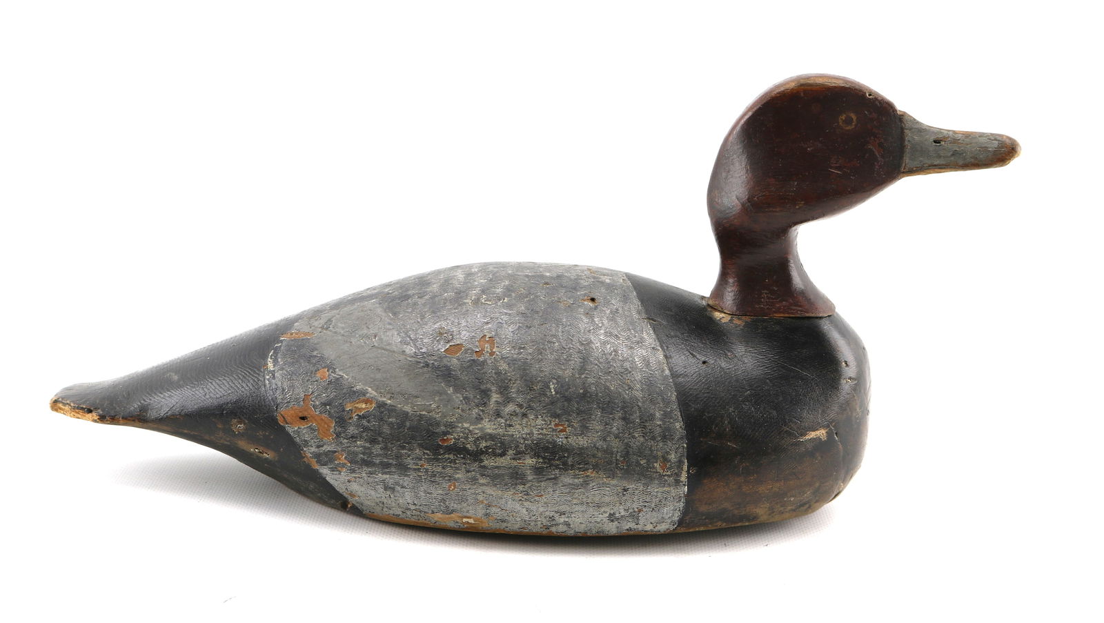 Great Lakes Alert Red Head Duck Decoy Attributed to the "Mr. B" Carver: Appx. 16 inches overall lenght. Minor chips and wear, head loose. Paint appears to be original.