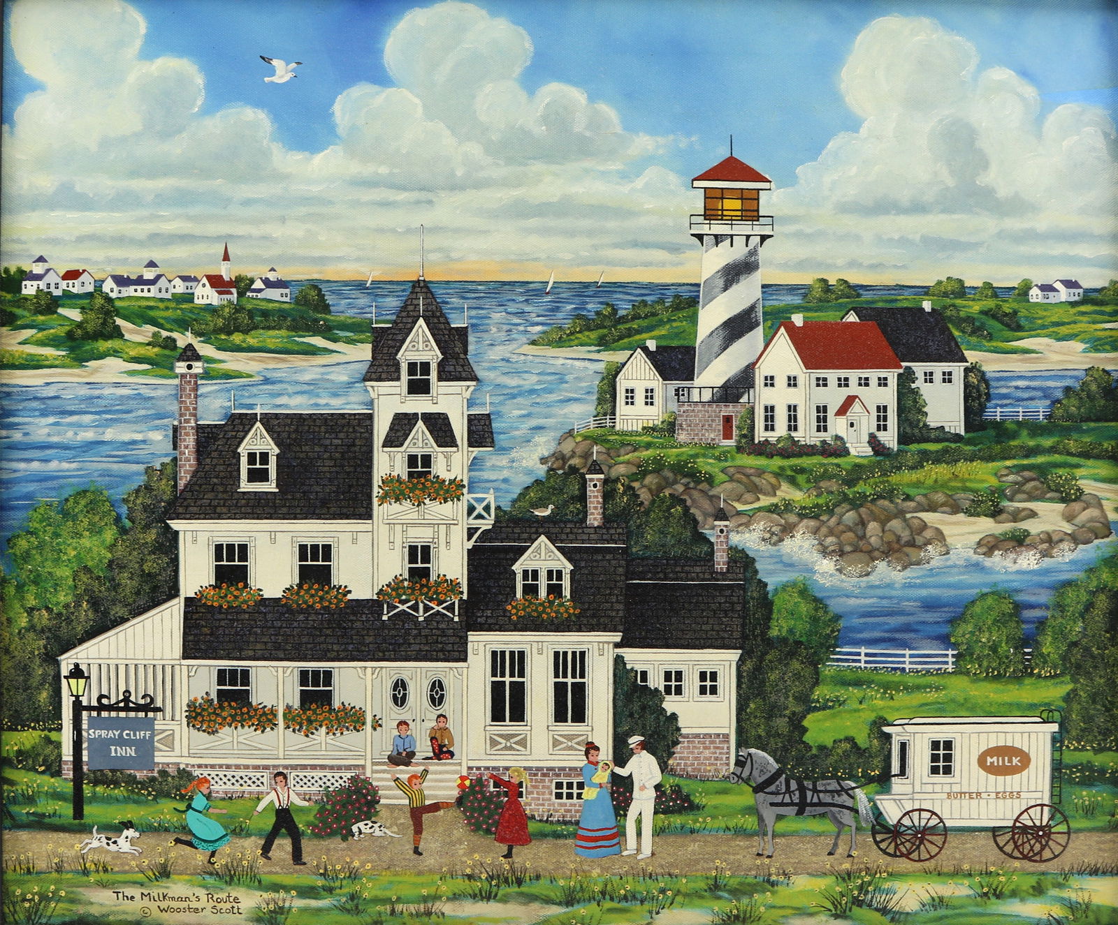 Jane Wooster Scott (1920-) Oil on Canvas Folk Painting Titled "The Milkman's Route": Sight size appx. 19 3/4 inches by 24 inches. Good original condition.