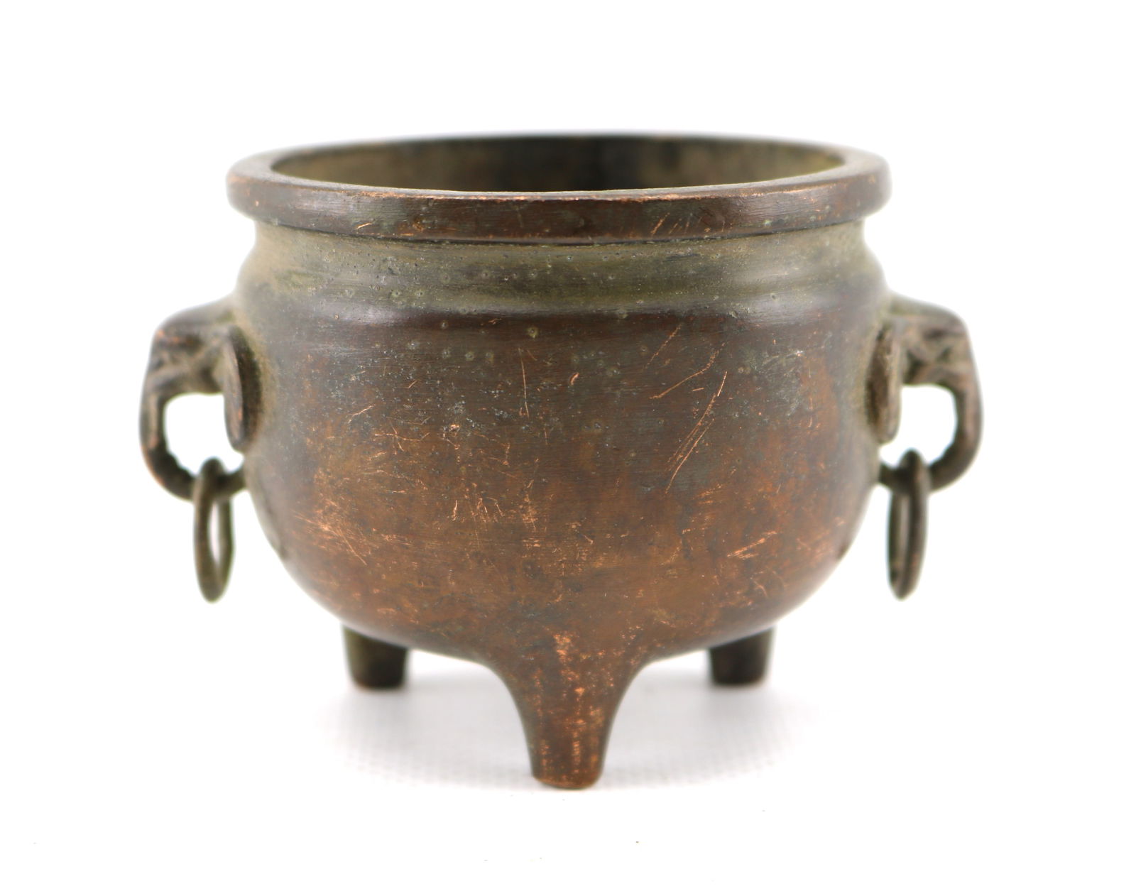 Chinese Bronze Tripod Censer with Elephant Ring Handles, Xuande mark: Height appx. 3 3/8 inches. Apocryphal Xuande mark.