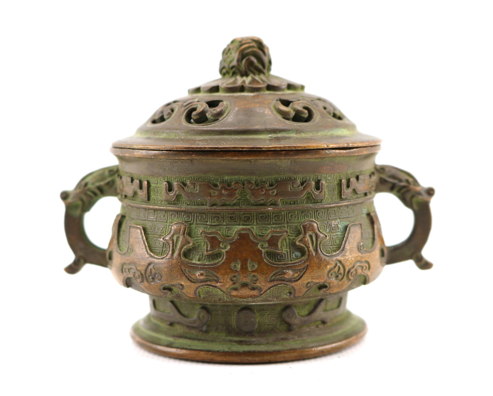 Chinese Archaistic Verdigris Bronze Censer and Cover, Xuande mark (1 of 8)