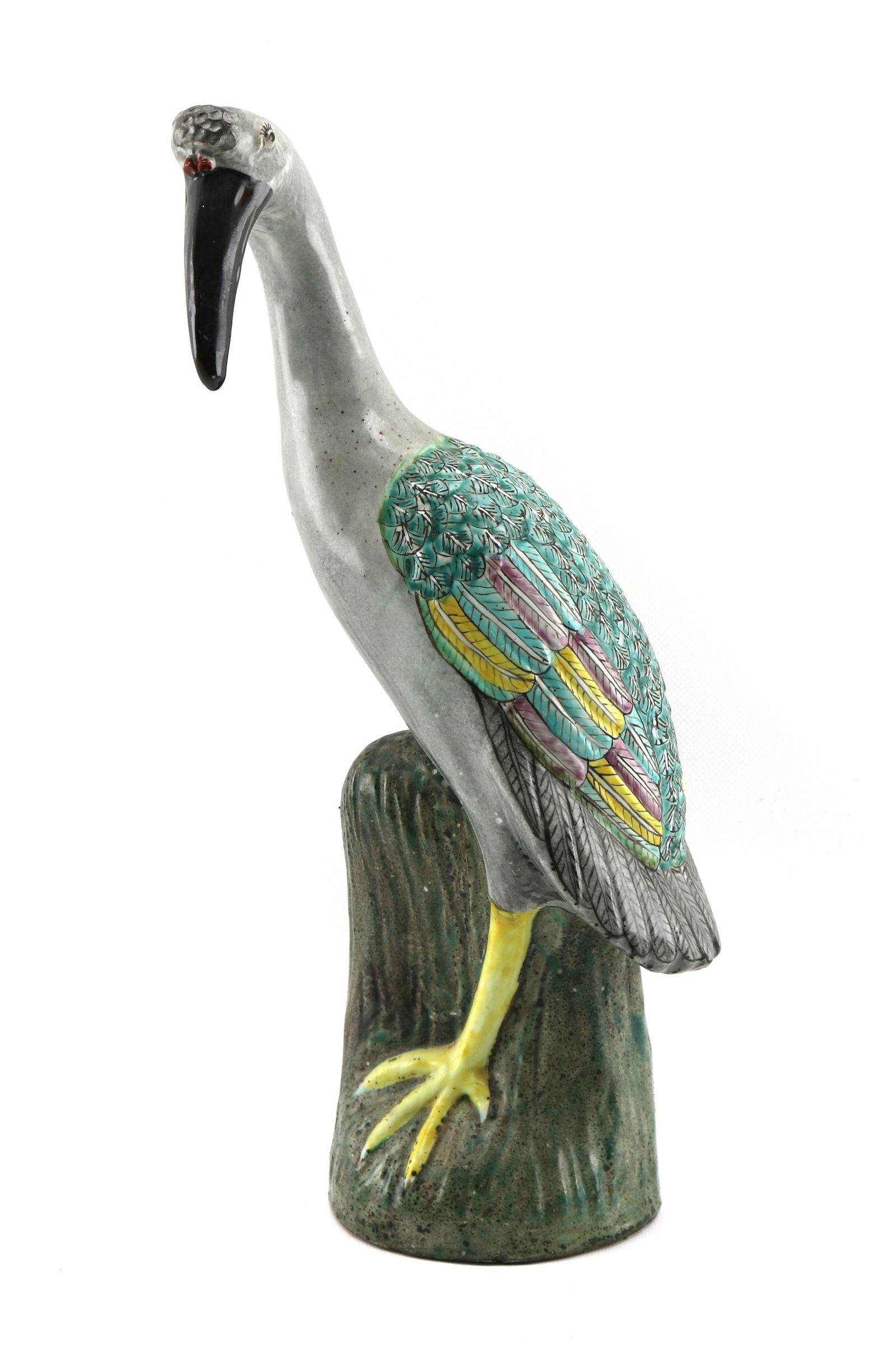Chinese Export Porcelain Polychrome Glazed Figure of a Crane: 19th or early 20th century. Good condition. Overall height appx. 16 inches.