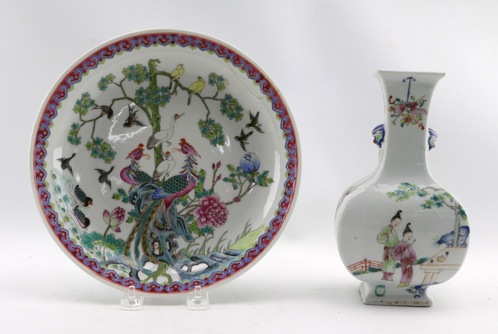 Chinese Famille Rose Porcelain Phoenix Dish and Square-Neck Vase (1 of 10)